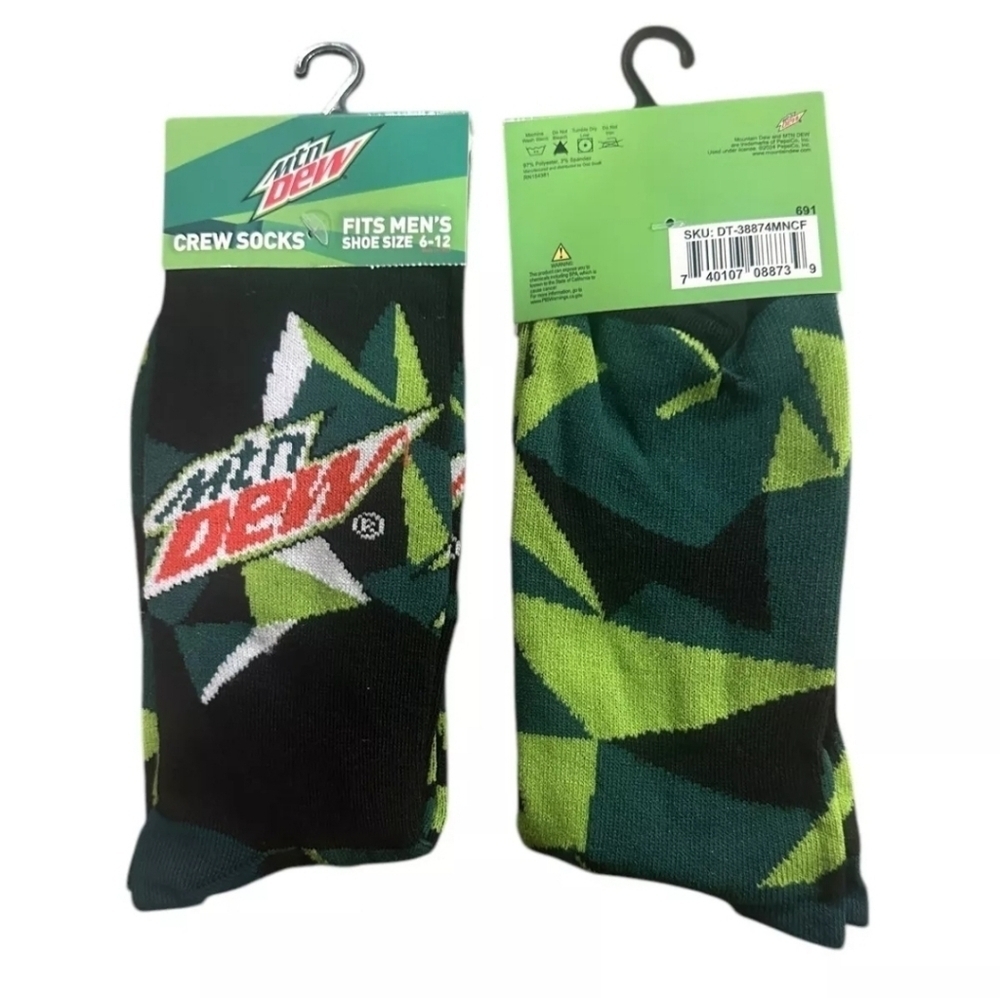 4/$25 Mountain Dew Soda Novelty Crew Socks Unisex Gender Neutral New